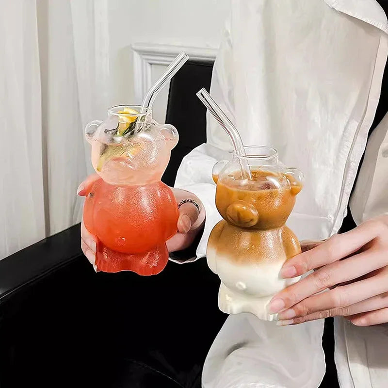 Cartoon Bear Glass Cup with Straw β 320ml Cute Transparent Mug for Juices, Milk Tea & More