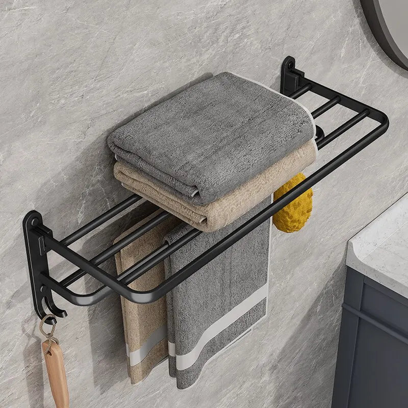 Matte Black Folding Towel Rack with Hooks – 50CM Wall-Mounted Aluminum Shelf