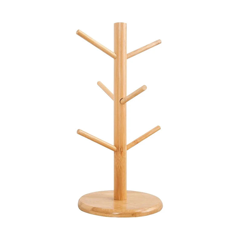 Natural Bamboo Mug Tree – 6 Hook Wooden Coffee Cup Holder Stand for Kitchen Counter or Shelf