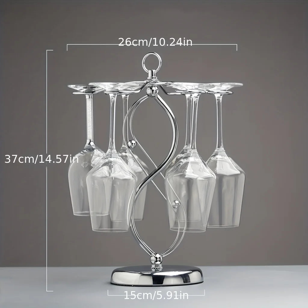 Elegant Silver Wine Glass Holder – 6-Hook Freestanding Tabletop Rack for Bar & Kitchen Decor