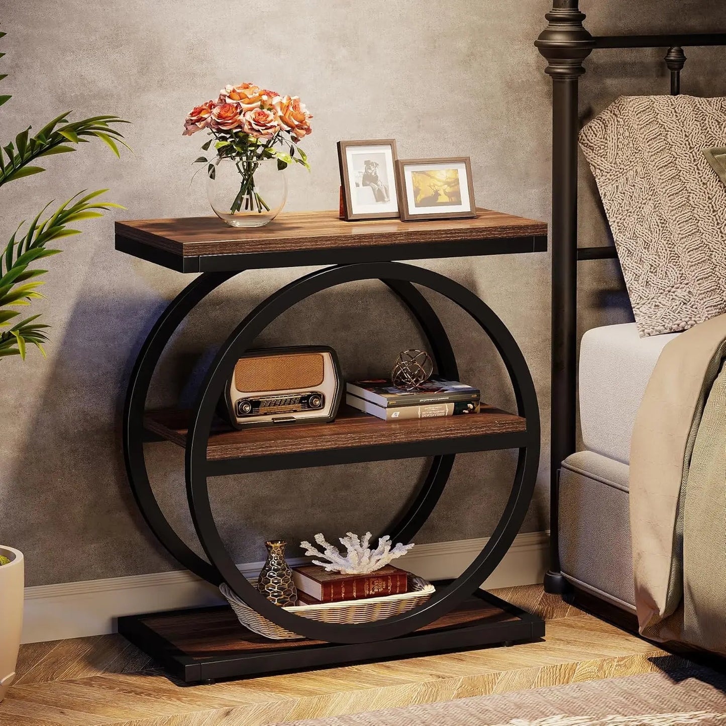 Industrial Circle Frame Side Table – 3-Tier Storage Accent Table for Living Room