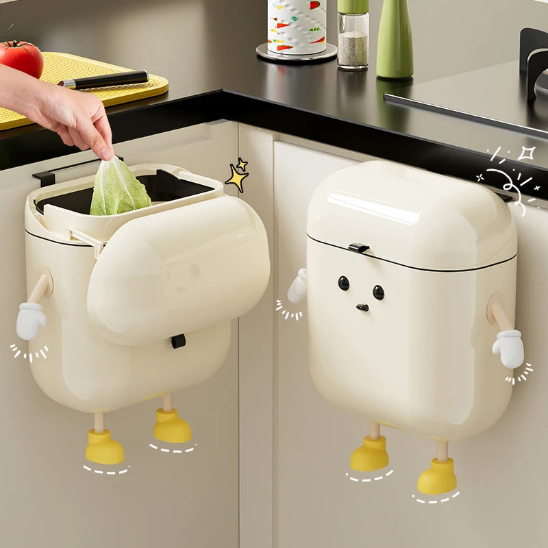 Cream Wall-Mounted Trash Can with Lid – 9L/12L Space-Saving Kitchen Bin for Cabinets, Food Waste & Bathroom
