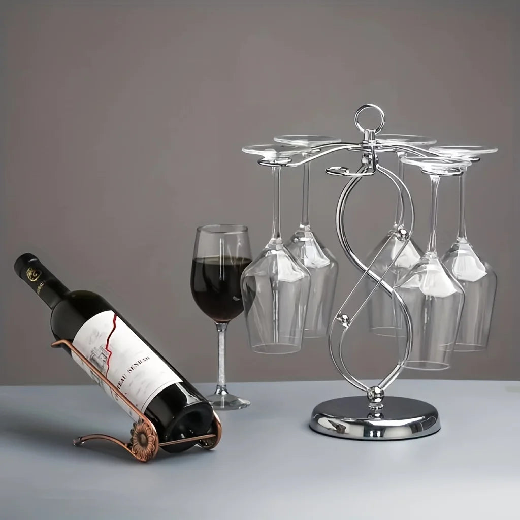 Elegant Silver Wine Glass Holder – 6-Hook Freestanding Tabletop Rack for Bar & Kitchen Decor
