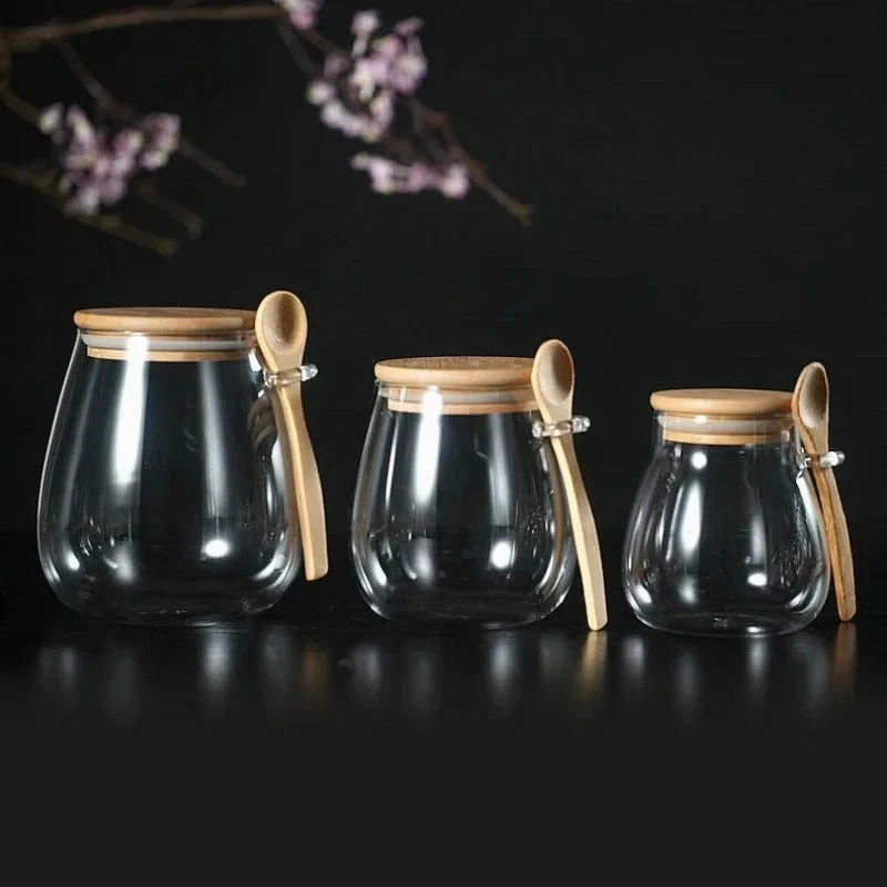 Airtight Glass Jar with Wooden Lid & Spoon – Food & Spice Storage
