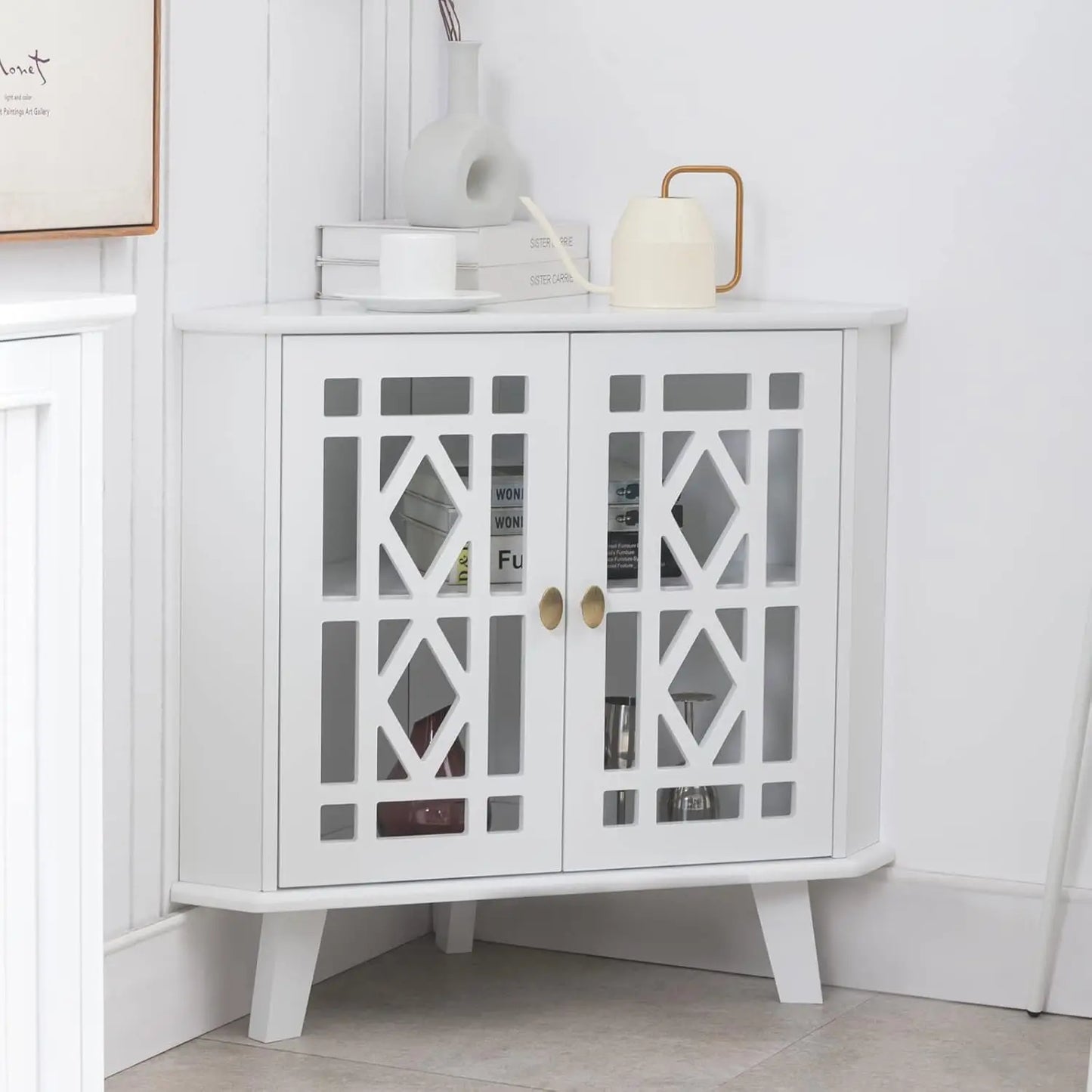 Modern Corner Shelf Cabinet with 2 Doors – Stylish 2-Tier Sideboard Table