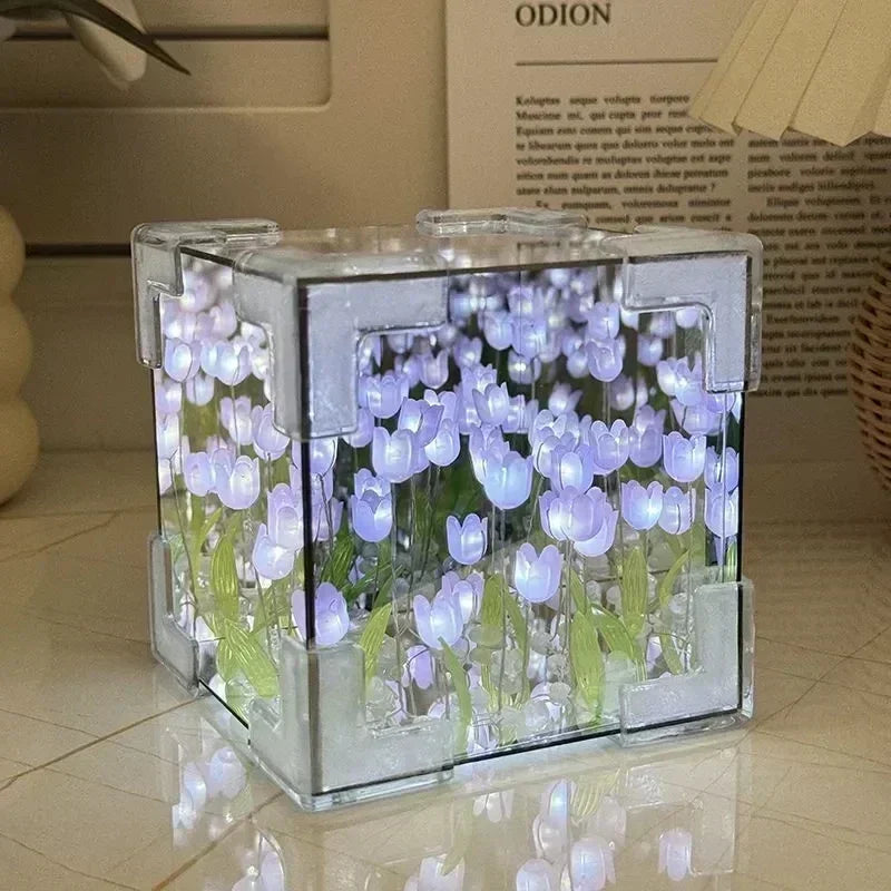 Tulip Bloom LED Night Light Cube – Romantic Floral Decor