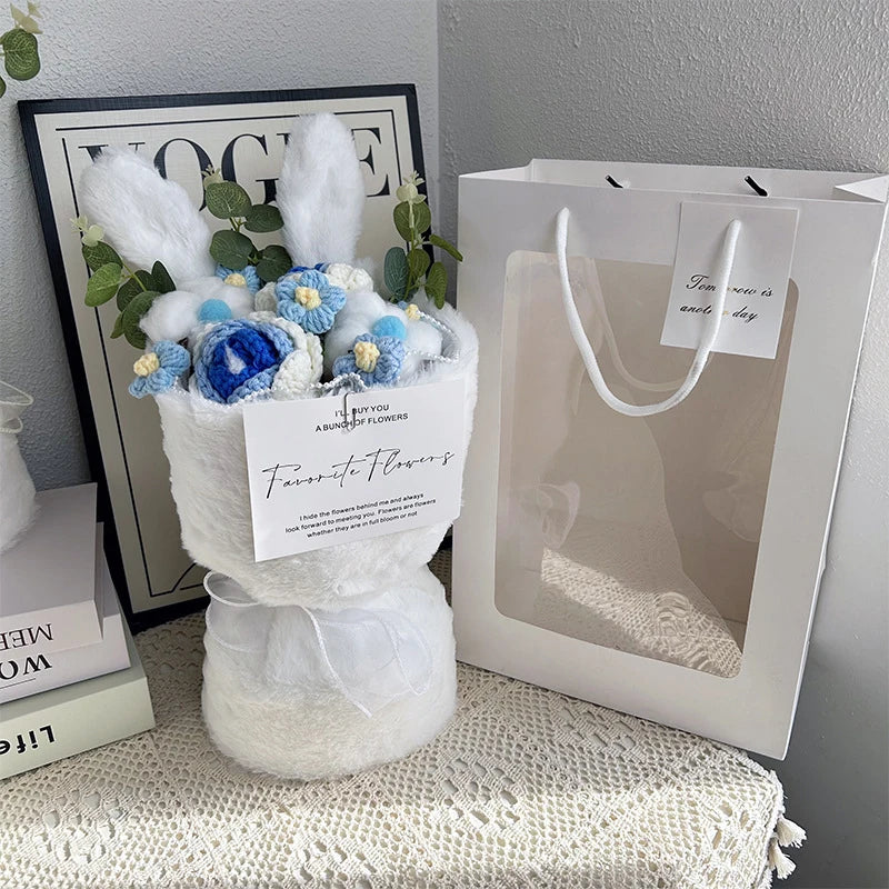 Whimsical Rabbit Ear Plush Bouquet – Soft Knitted Flowers in Gift Bag