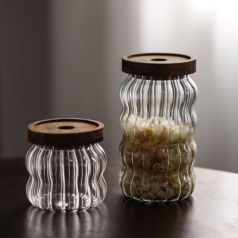 Ripple Glass Jar with Acacia Lid – Airtight Storage for Sugar, Snacks & Spices