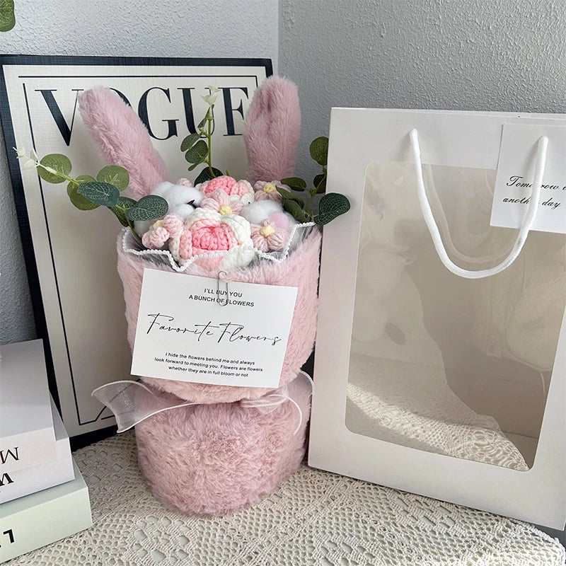 Whimsical Rabbit Ear Plush Bouquet – Soft Knitted Flowers in Gift Bag