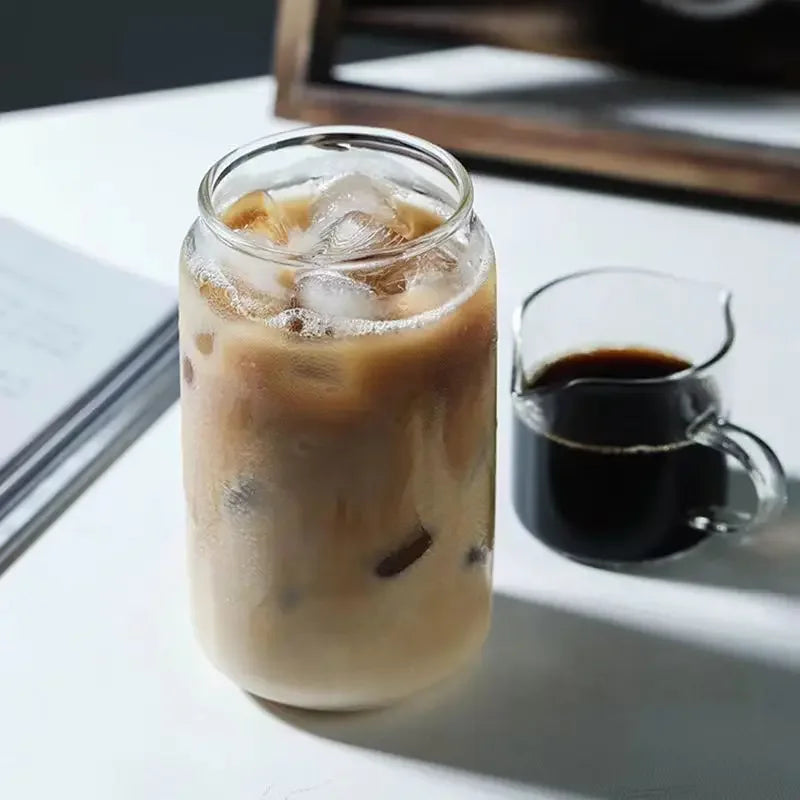 Clear Glass Coffee Cup with Bamboo Lid & Straw β 450ml Iced Drink Jar