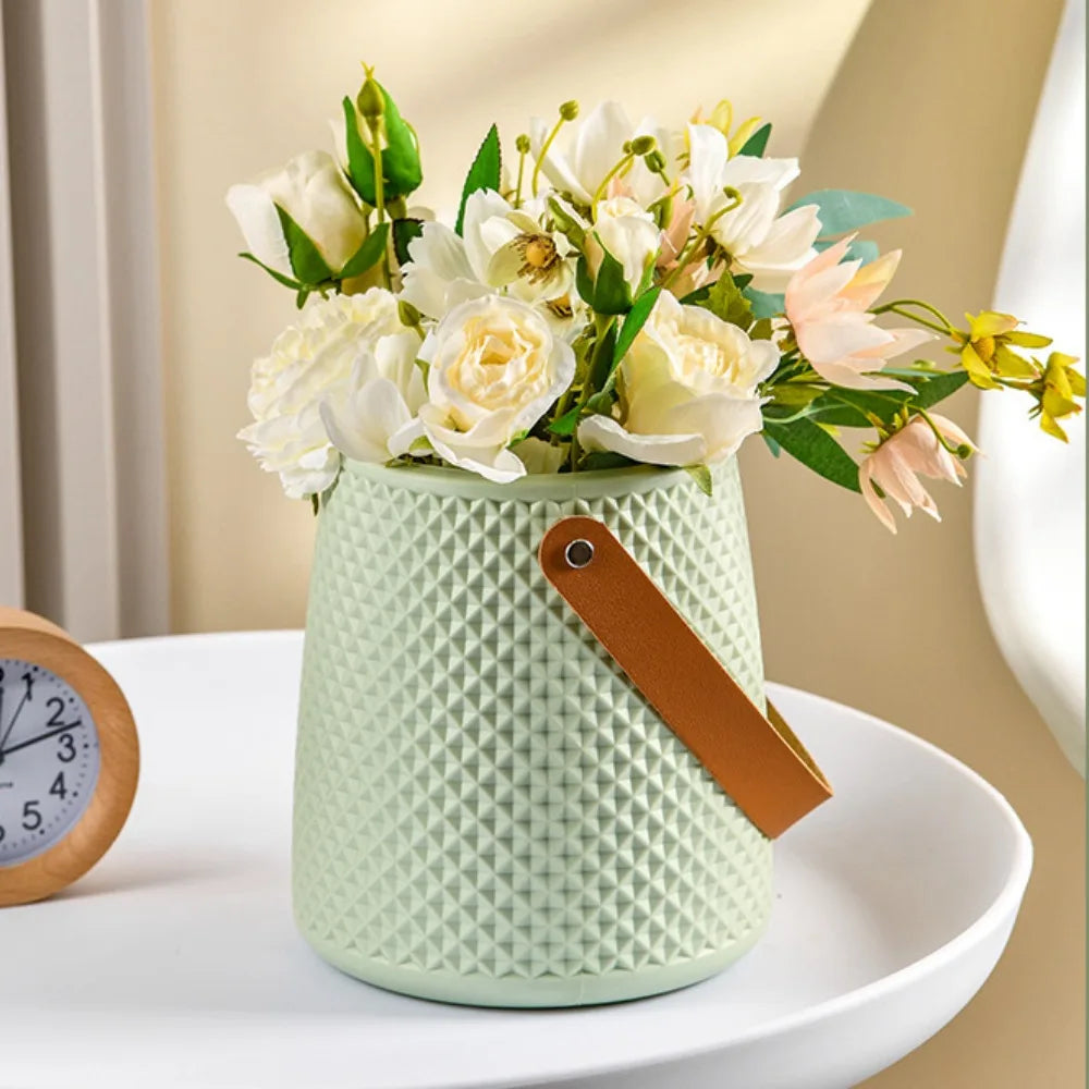 Nordic Style Leather Handle Flower Vase – Modern Anti-Fall Plastic Pot for Floral Arrangements