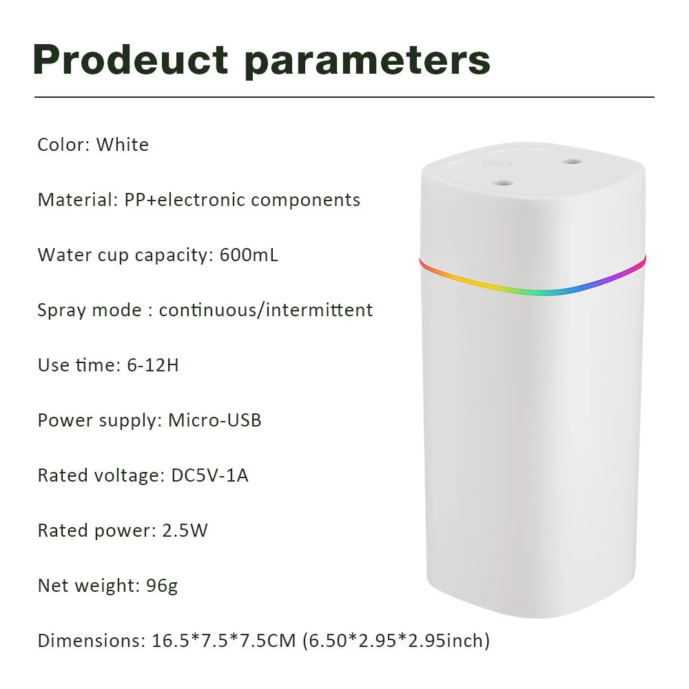 USB Cool Mist Humidifier – 600ml Portable Aromatherapy Diffuser with Night Light for Home & Car