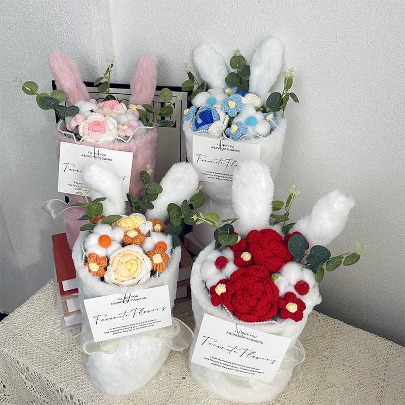 Whimsical Rabbit Ear Plush Bouquet – Soft Knitted Flowers in Gift Bag