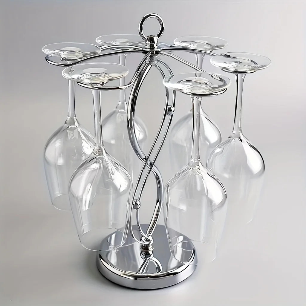 Elegant Silver Wine Glass Holder – 6-Hook Freestanding Tabletop Rack for Bar & Kitchen Decor