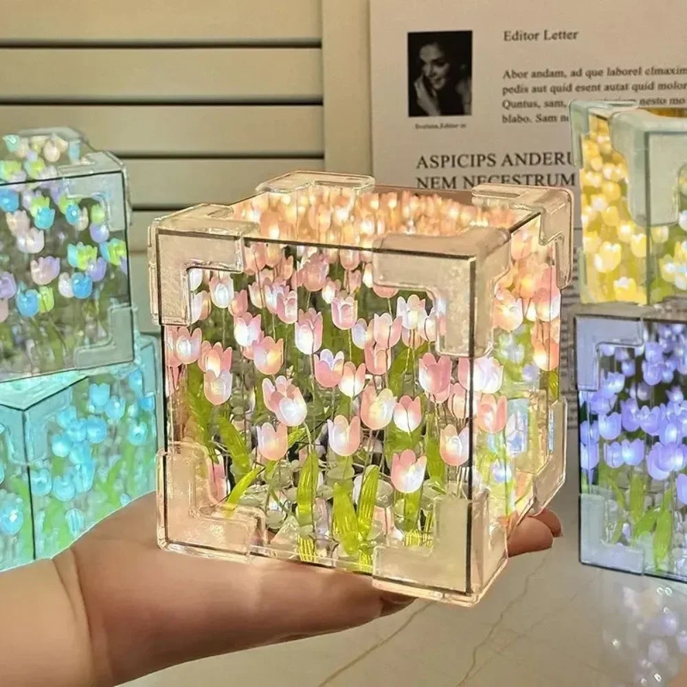 Tulip Bloom LED Night Light Cube – Romantic Floral Decor
