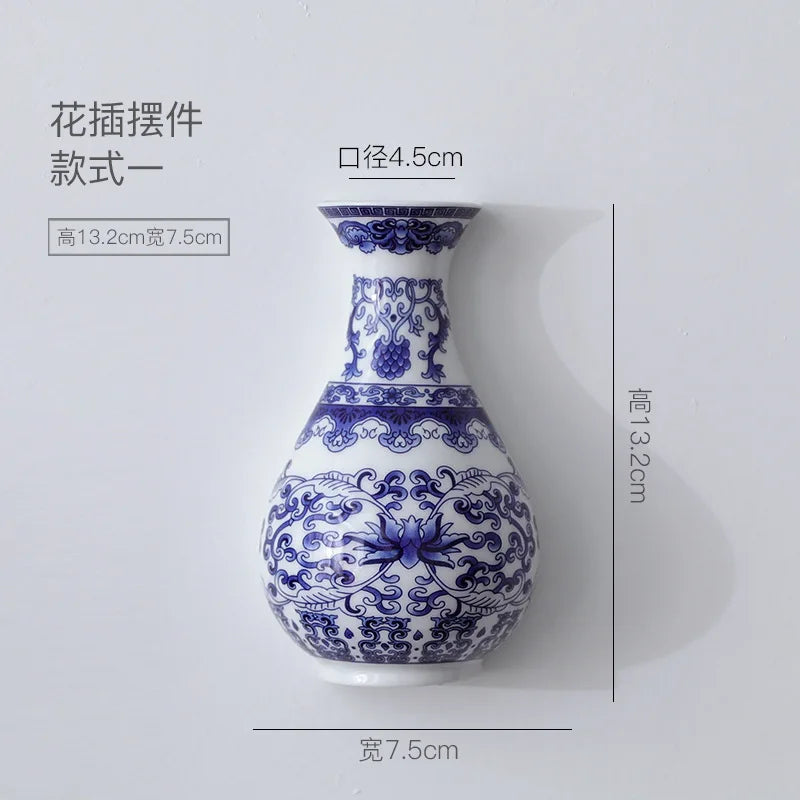 Vintage Blue & White Wall-Mounted Ceramic Vase – Porcelain Floral Holder for Home & Office Decor