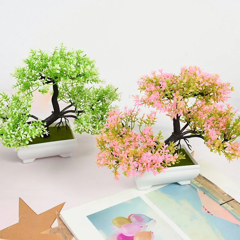 Artificial Pink Blossom Bonsai Tree – Decorative Faux Plant in White Ceramic Pot