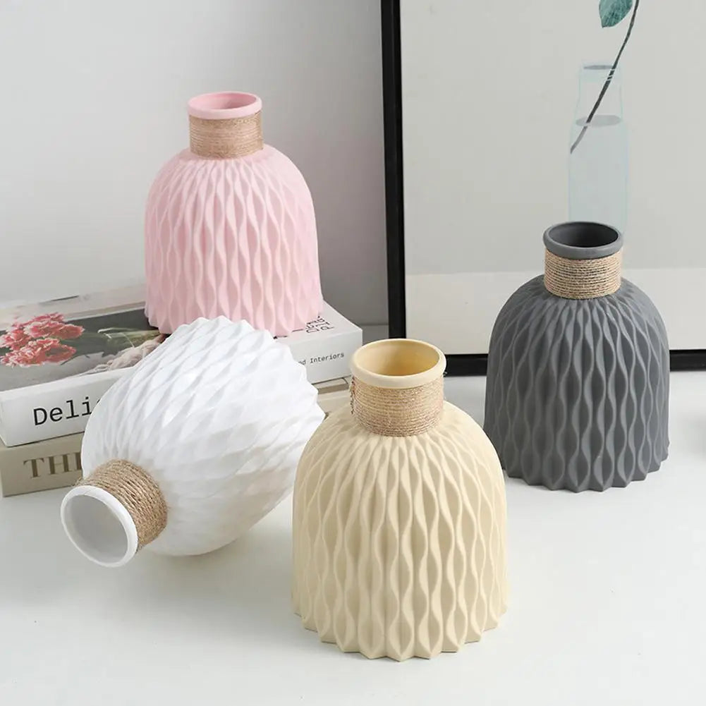 Textured Rope Plastic Vase – Modern Pink Flower Pot for Living Room & Desktop Decor