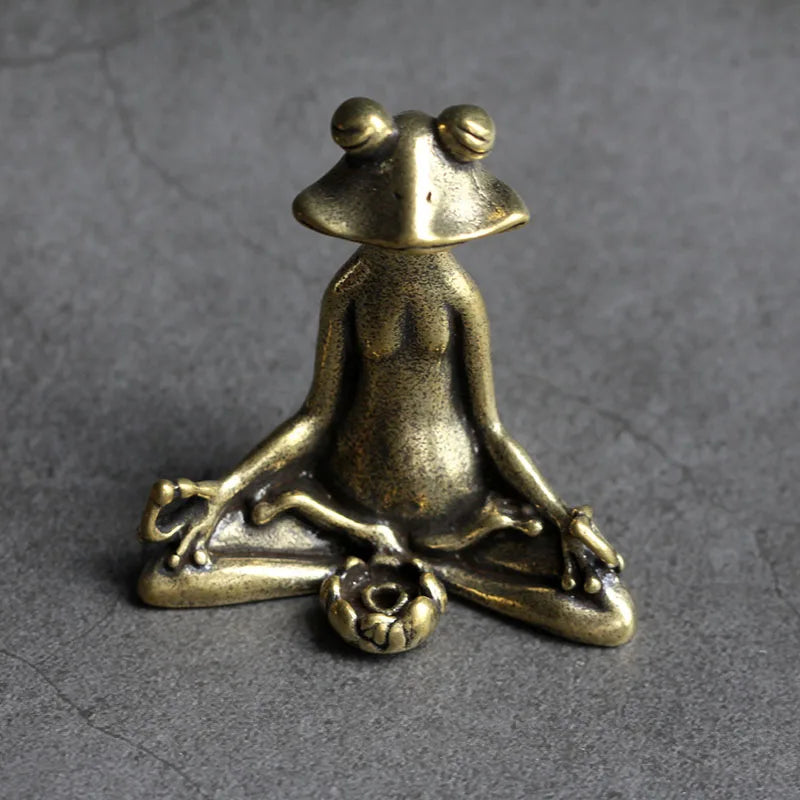 Antique Brass Meditation Zen Frog – Mini Statue for Tranquil Home & Desk Decor