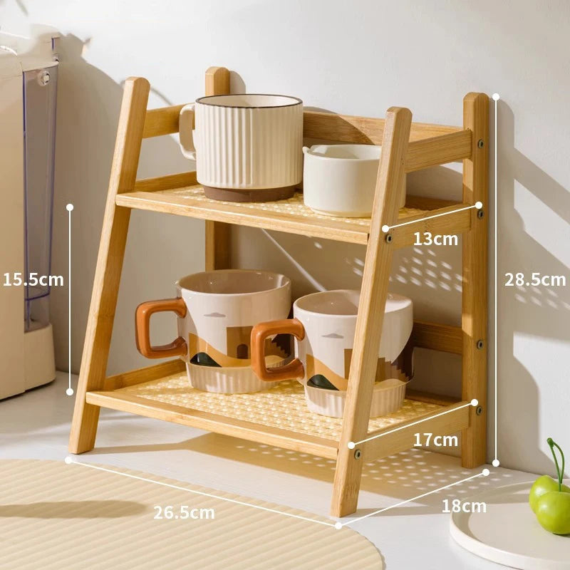 2-Layer Bamboo Countertop Organizer Rack – Multipurpose Coffee Cup Holder Shelf