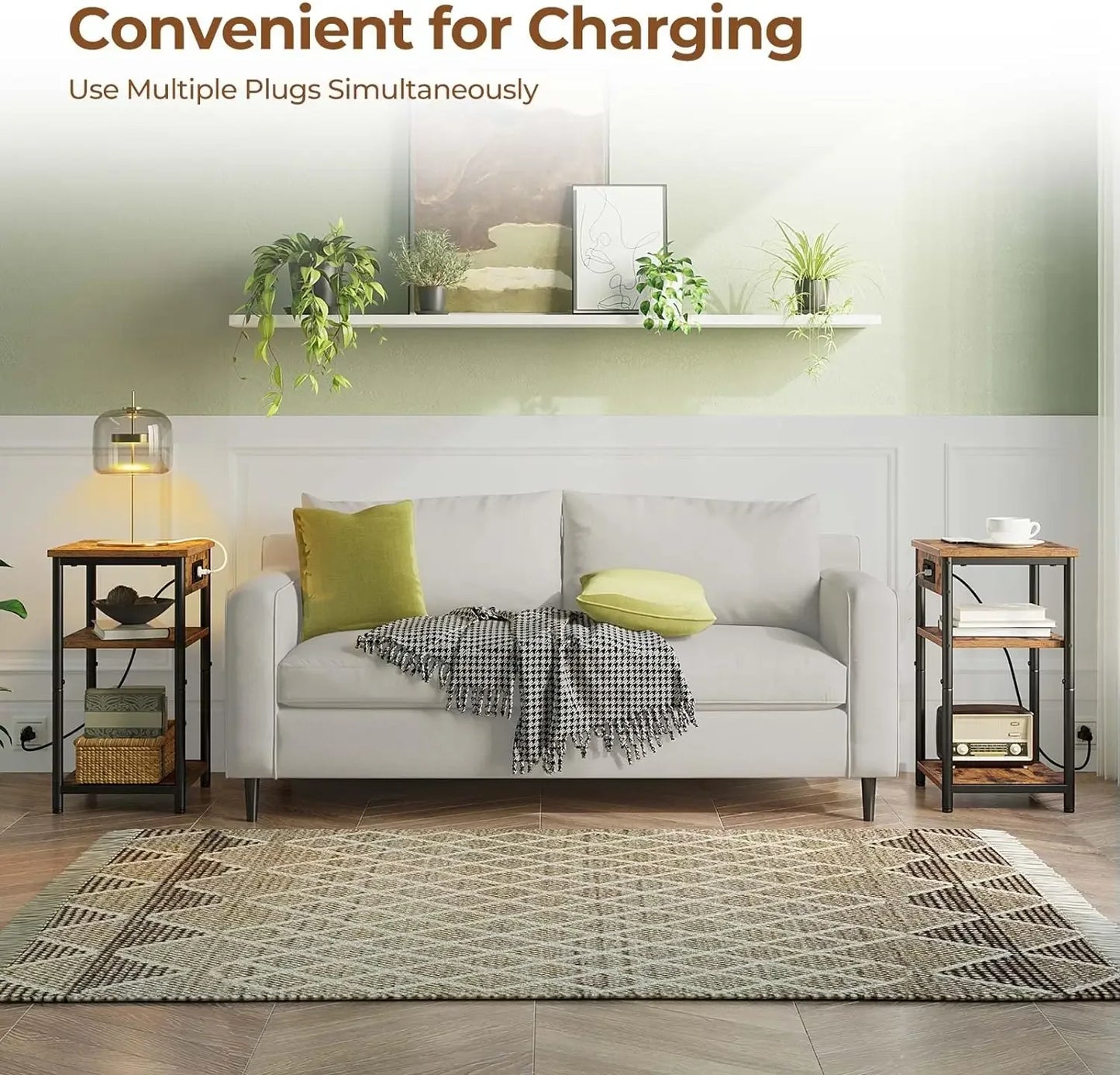 Smart Side Table with Charging Ports – 3-Tier Rustic Nightstand with Storage for Living Room or Bedroom