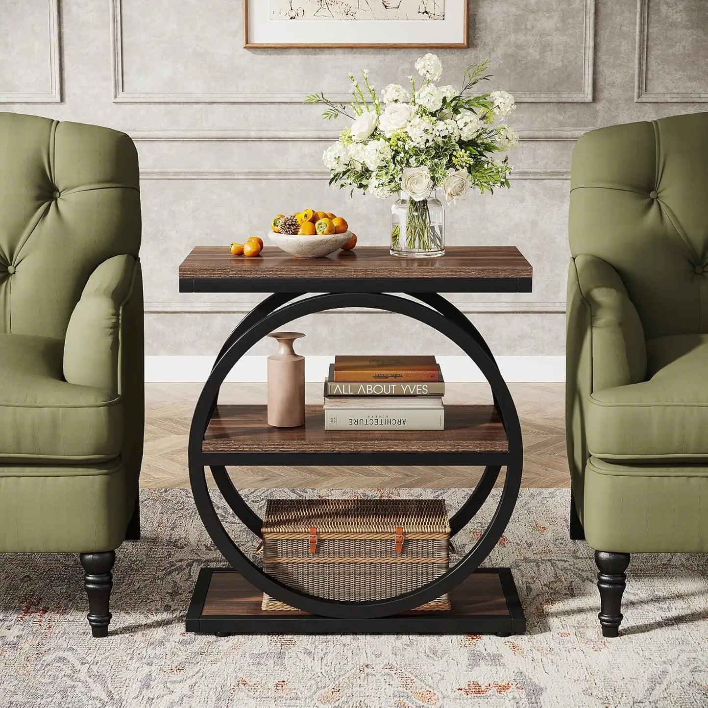 Industrial Circle Frame Side Table – 3-Tier Storage Accent Table for Living Room