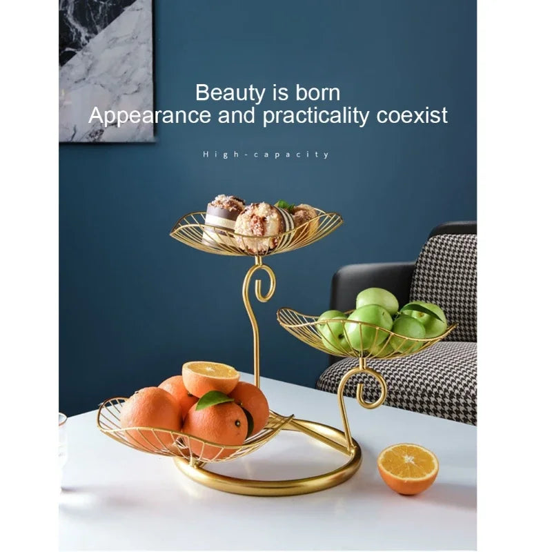 3-Tier Gold Metal Fruit Basket Stand – Decorative Countertop Tray for Kitchen & Dining