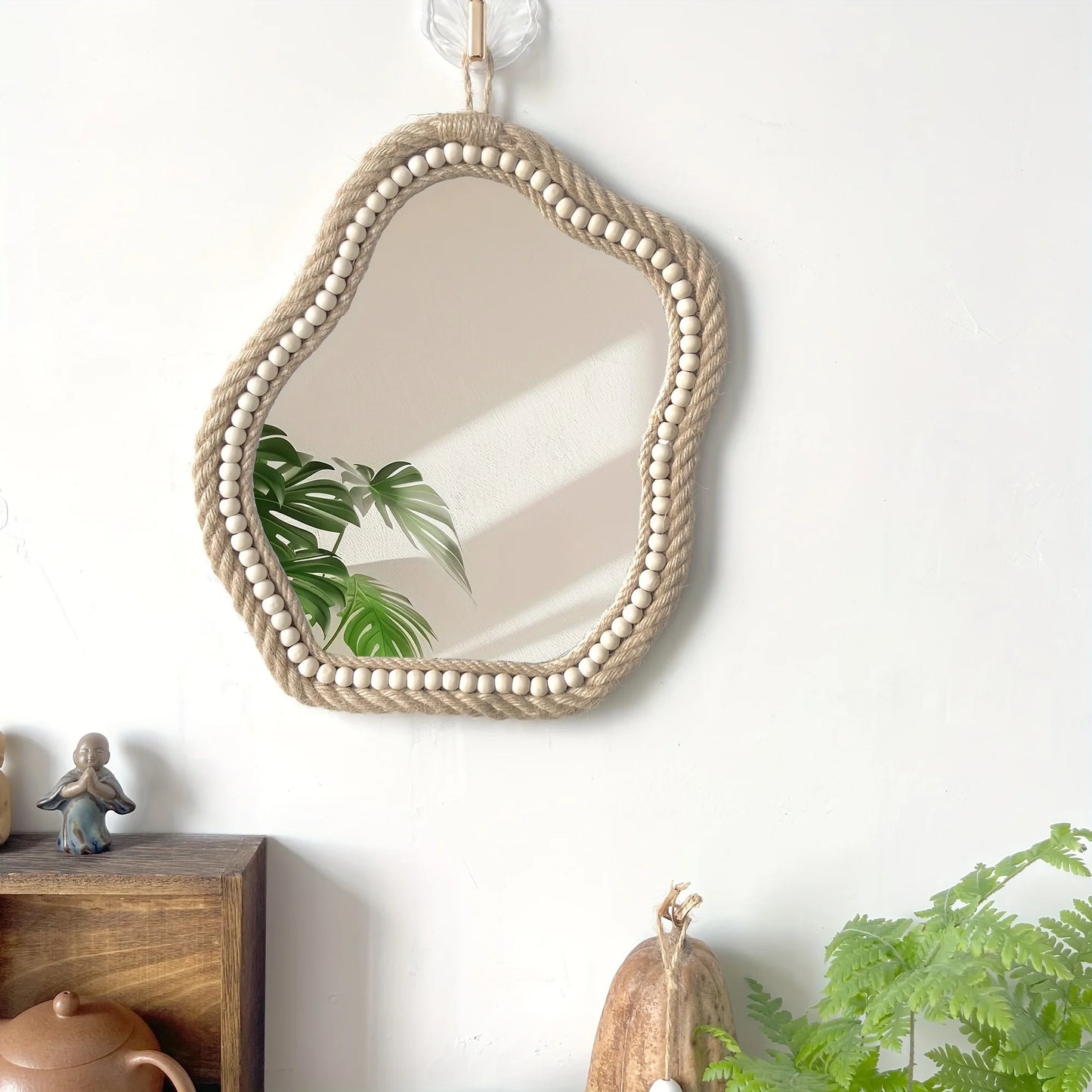 Boho Irregular Wooden Bead Mirror β Handmade Wall Decor with Jute Rope