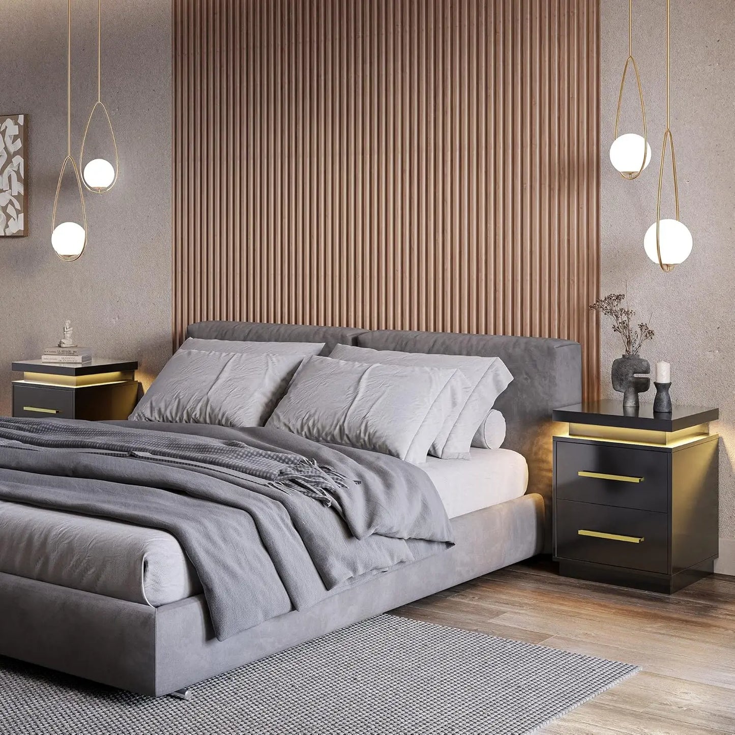 Set of 2 Modern LED Nightstands – Black & Gold Bedside Tables with Drawers and Ambient Lighting