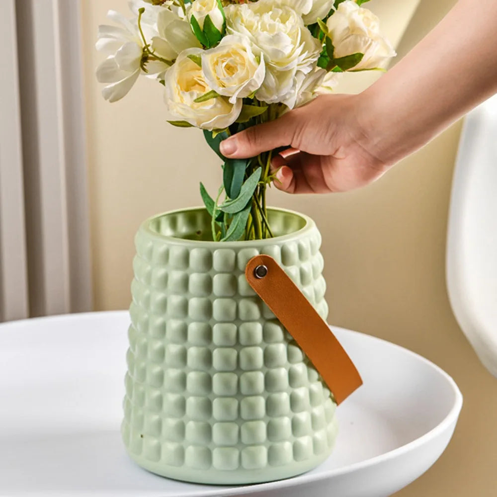Nordic Style Leather Handle Flower Vase – Modern Anti-Fall Plastic Pot for Floral Arrangements