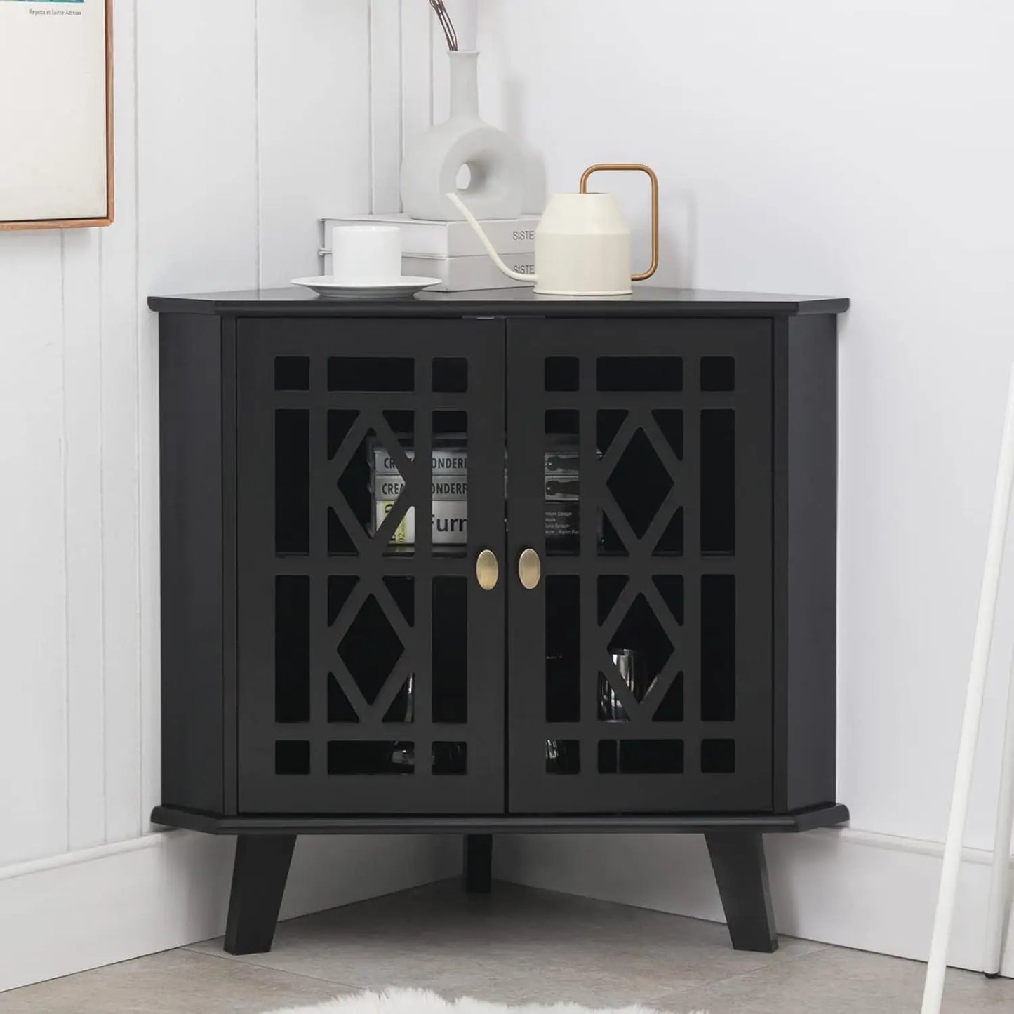Modern Corner Shelf Cabinet with 2 Doors – Stylish 2-Tier Sideboard Table