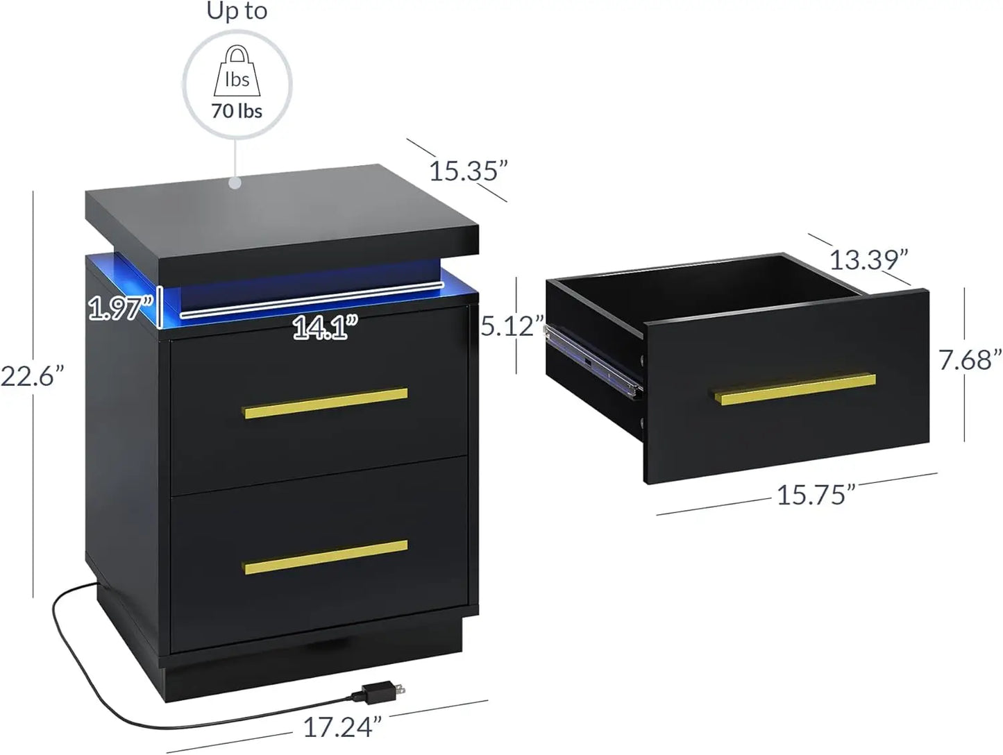 Set of 2 Modern LED Nightstands – Black & Gold Bedside Tables with Drawers and Ambient Lighting