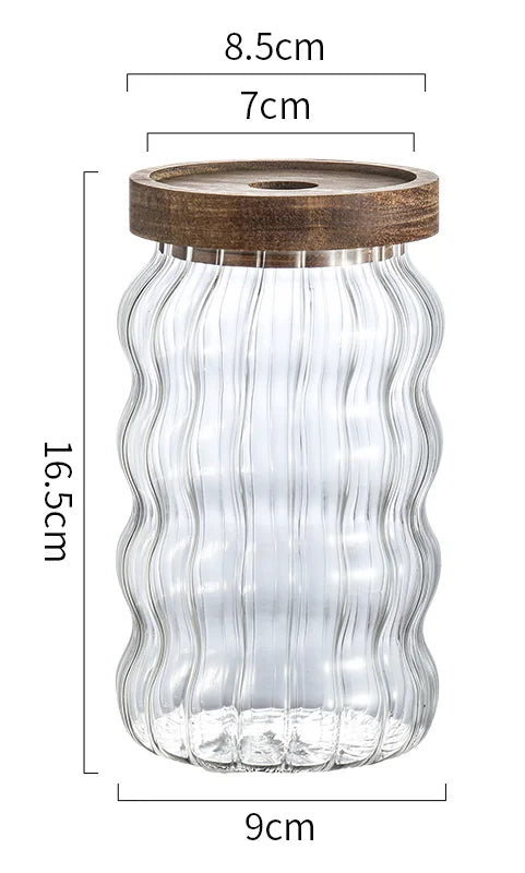 Ripple Glass Jar with Acacia Lid – Airtight Storage for Sugar, Snacks & Spices