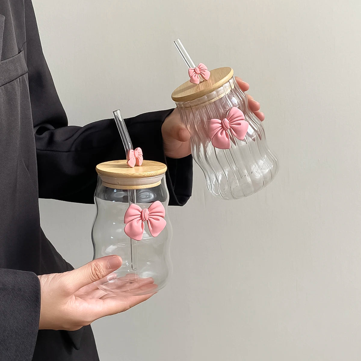Wavy Glass Cup with Straw β Pink Bow Lid Edition