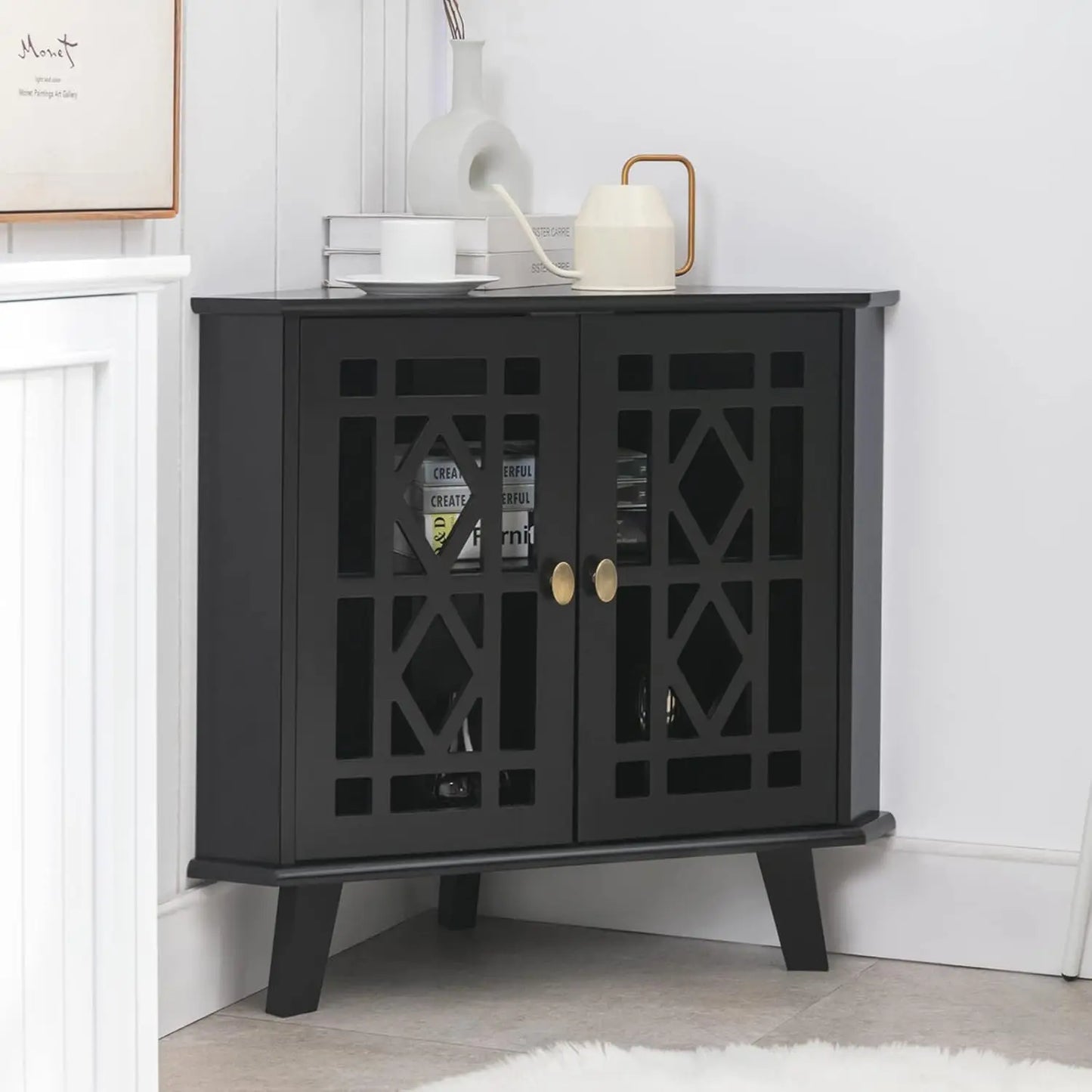 Modern Corner Shelf Cabinet with 2 Doors – Stylish 2-Tier Sideboard Table