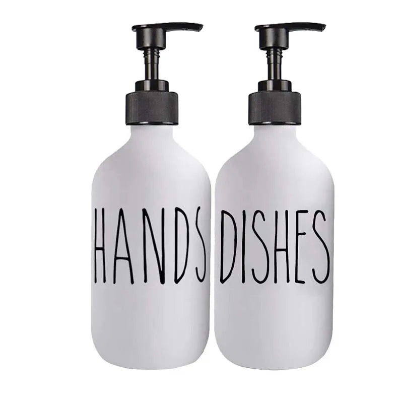 500ml Matte Black Soap Dispenser Set with Labels & Bamboo Tray – Hands & Dishes Bottles for Kitchen & Bathroom