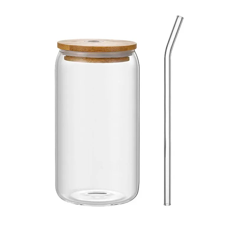 Clear Glass Coffee Cup with Bamboo Lid & Straw β 450ml Iced Drink Jar