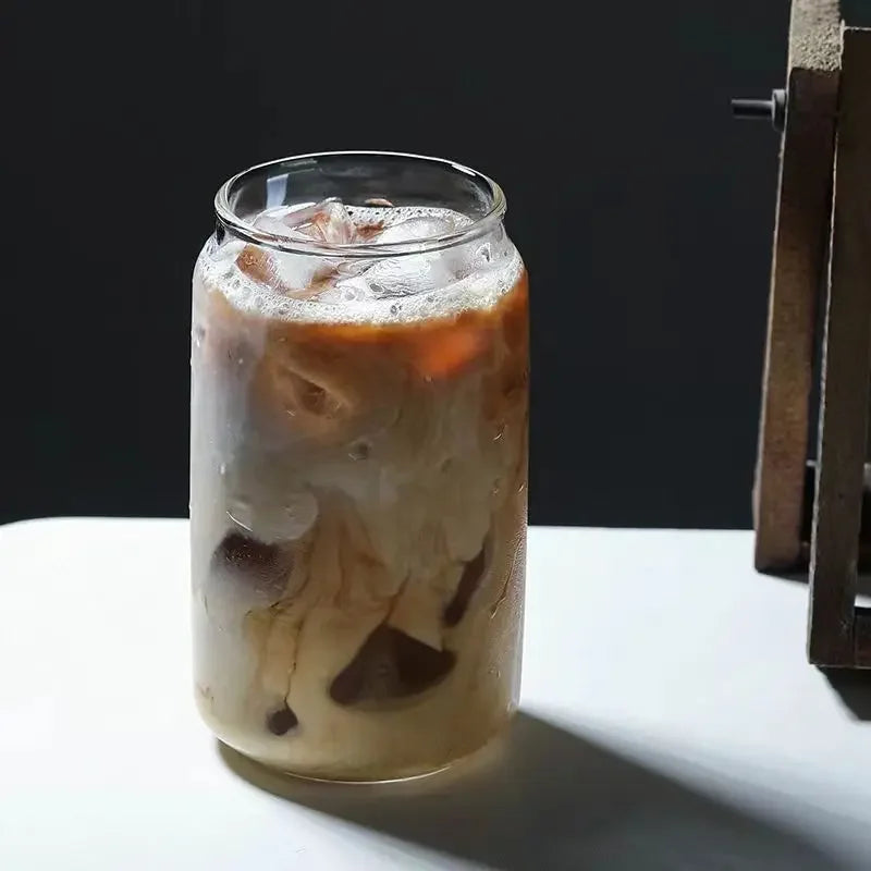 Clear Glass Coffee Cup with Bamboo Lid & Straw β 450ml Iced Drink Jar