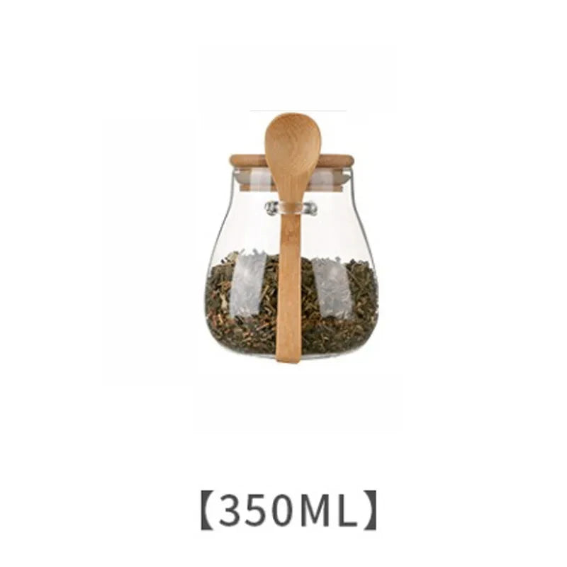 Airtight Glass Jar with Wooden Lid & Spoon – Food & Spice Storage