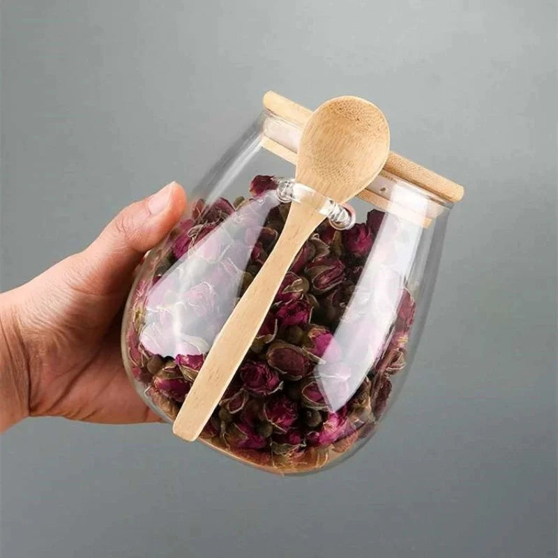 Airtight Glass Jar with Wooden Lid & Spoon – Food & Spice Storage