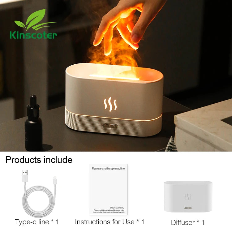 Kinscoter Flame Aroma Diffuser – 180ml Ultrasonic Cool Mist Humidifier with LED Light & Essential Oil Function