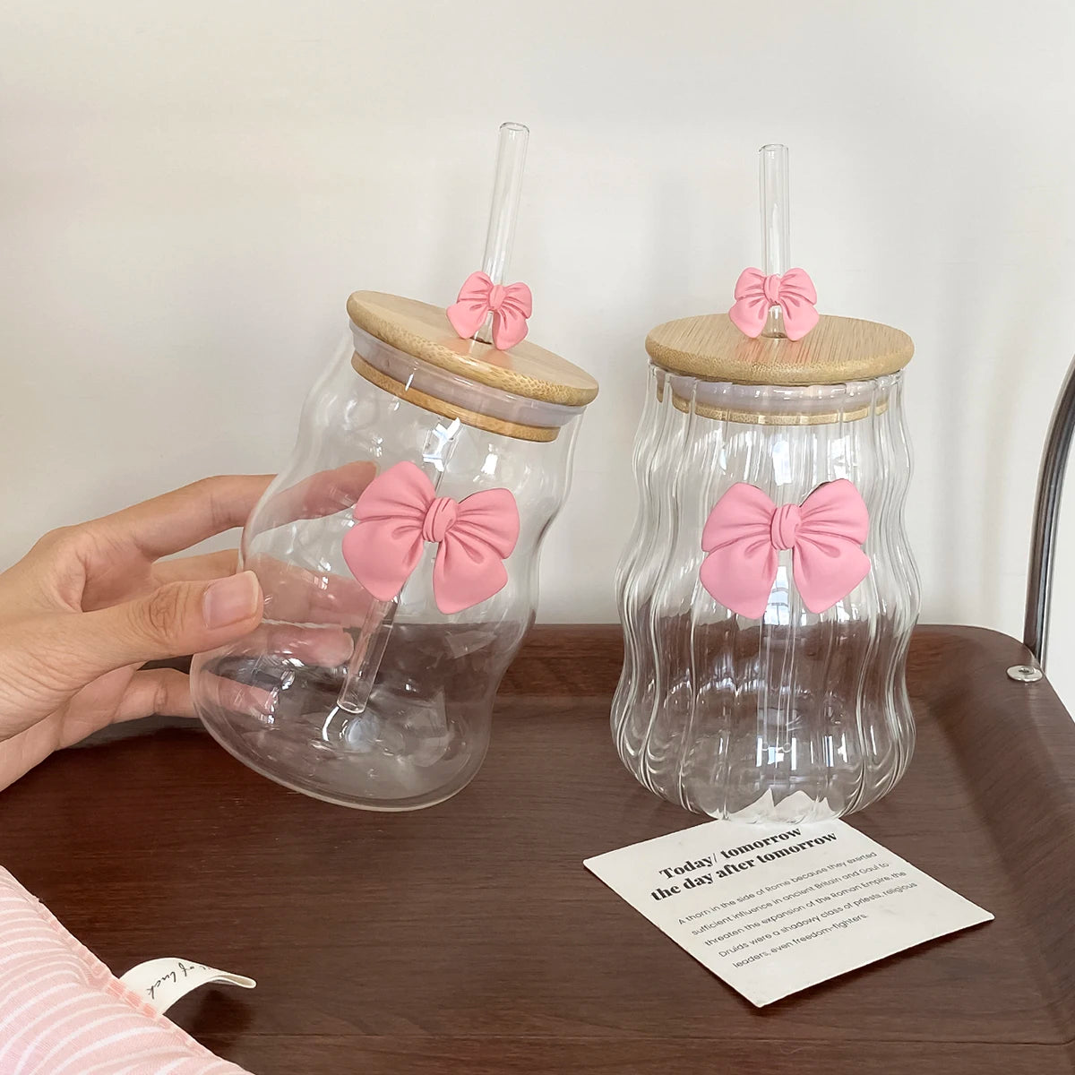 Wavy Glass Cup with Straw β Pink Bow Lid Edition