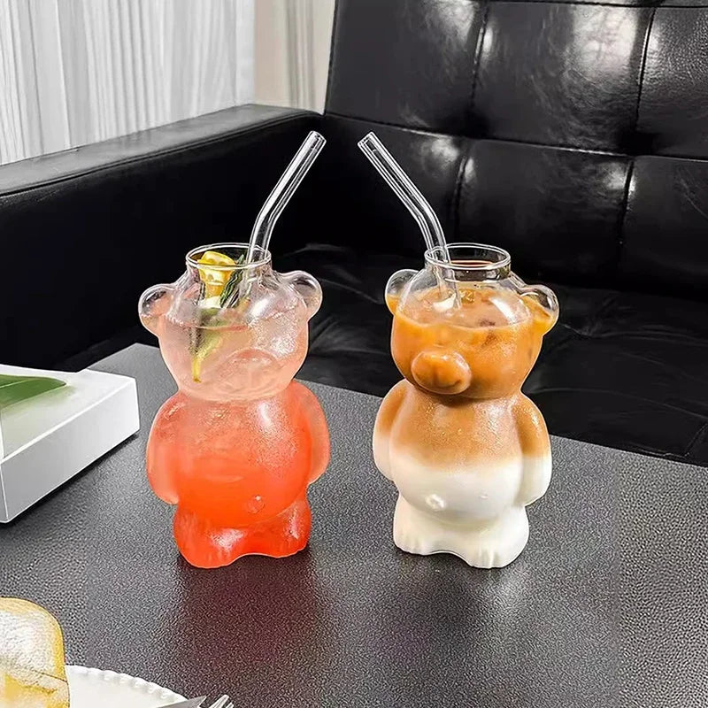 Cartoon Bear Glass Cup with Straw β 320ml Cute Transparent Mug for Juices, Milk Tea & More
