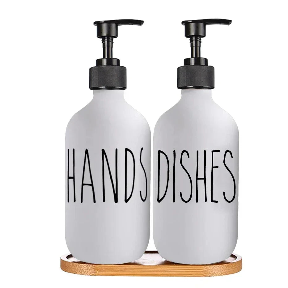 500ml Matte Black Soap Dispenser Set with Labels & Bamboo Tray – Hands & Dishes Bottles for Kitchen & Bathroom