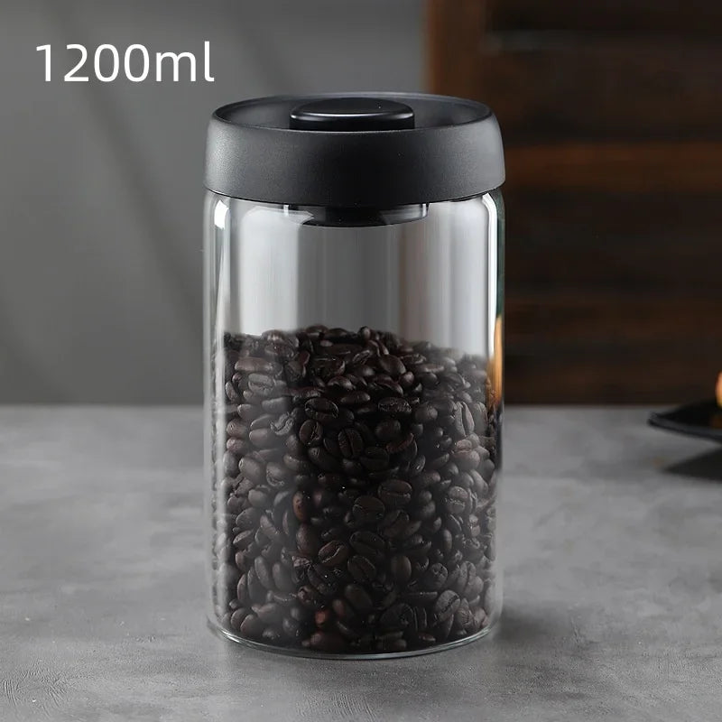 Vacuum Sealed Glass Coffee Storage Jar with Black Lid – Airtight Container for Beans, Tea & Pantry Staples