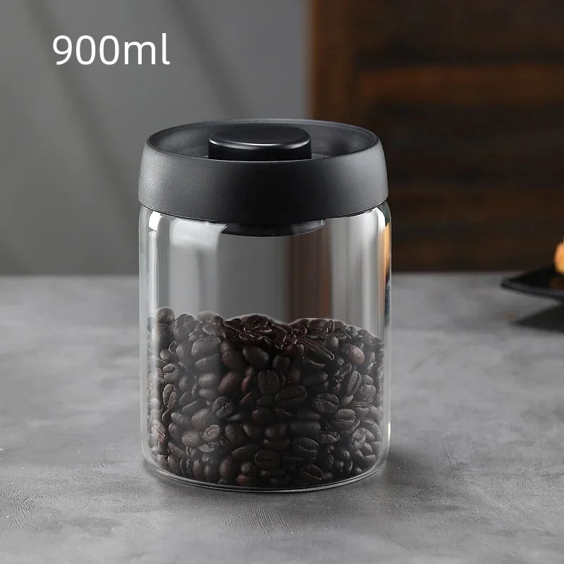 Vacuum Sealed Glass Coffee Storage Jar with Black Lid – Airtight Container for Beans, Tea & Pantry Staples