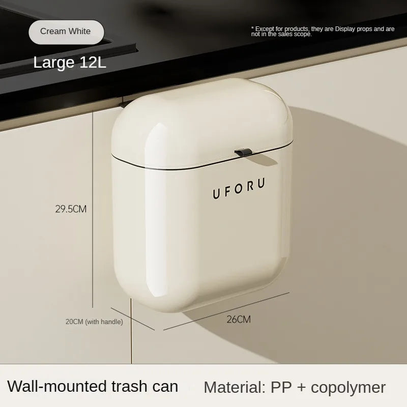 Cream Wall-Mounted Trash Can with Lid – 9L/12L Space-Saving Kitchen Bin for Cabinets, Food Waste & Bathroom