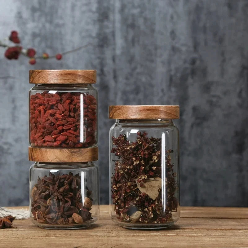 Modern Glass Storage Jar with Wooden Lid – Airtight Pantry Container for Spices, Cereal, Snacks & Dry Goods