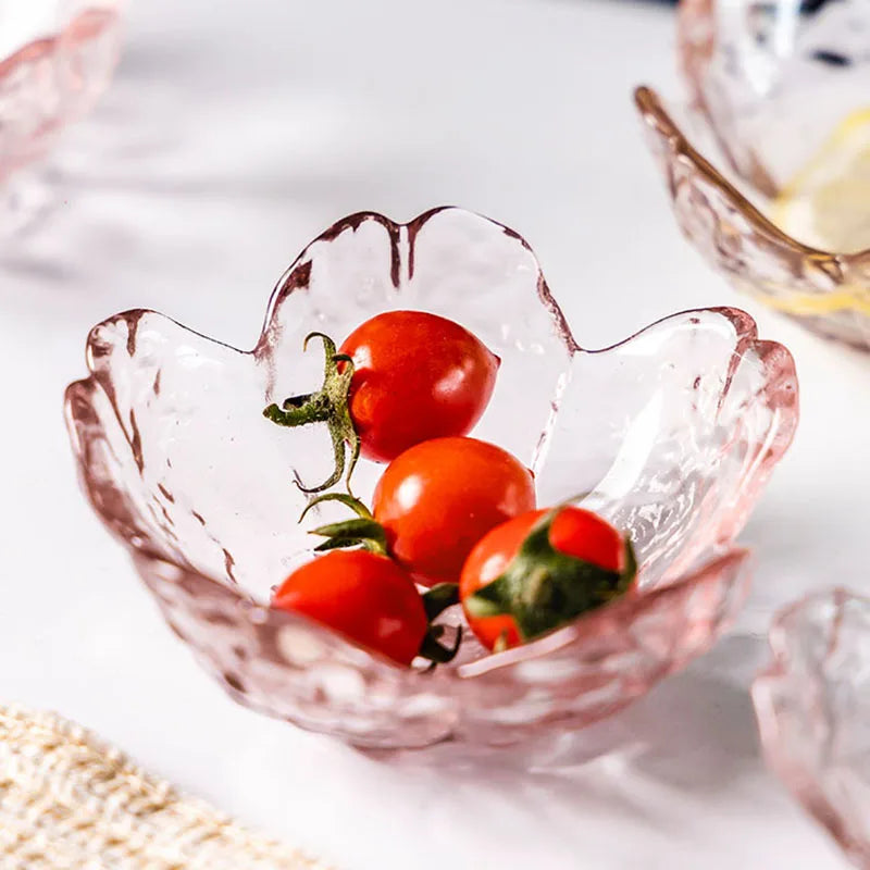 3-Piece Cherry Blossom Glass Dishes – Pink Floral Sauce Bowls with Gold Rim