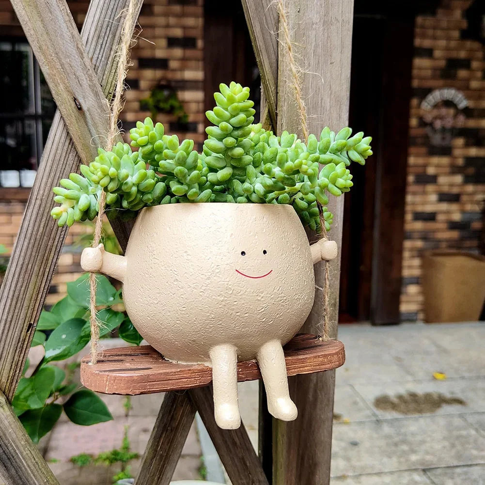 Resin Swing Cartoon Planter Pot – Cute Hanging Head Pot for Indoor & Outdoor Decor